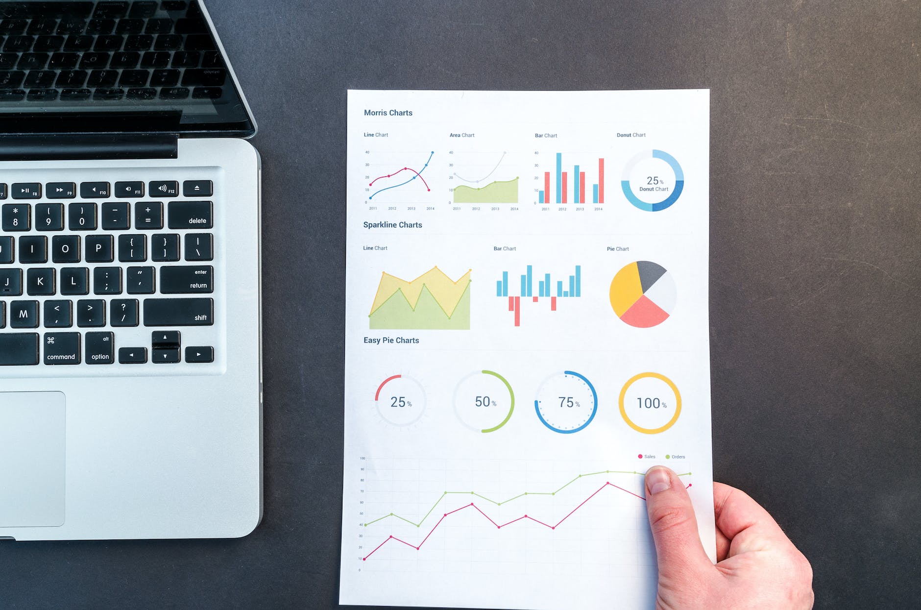 person holding chart and bar graph